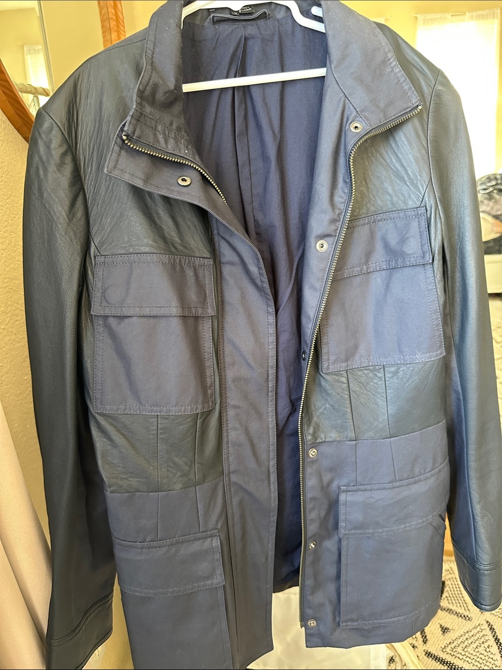 High end brand Theory Women’s Navy Leather-Trim Jacket